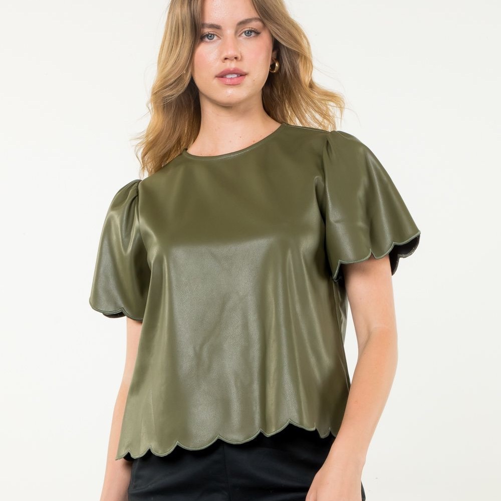 THML Scalloped Sleeve Faux Leather Top
